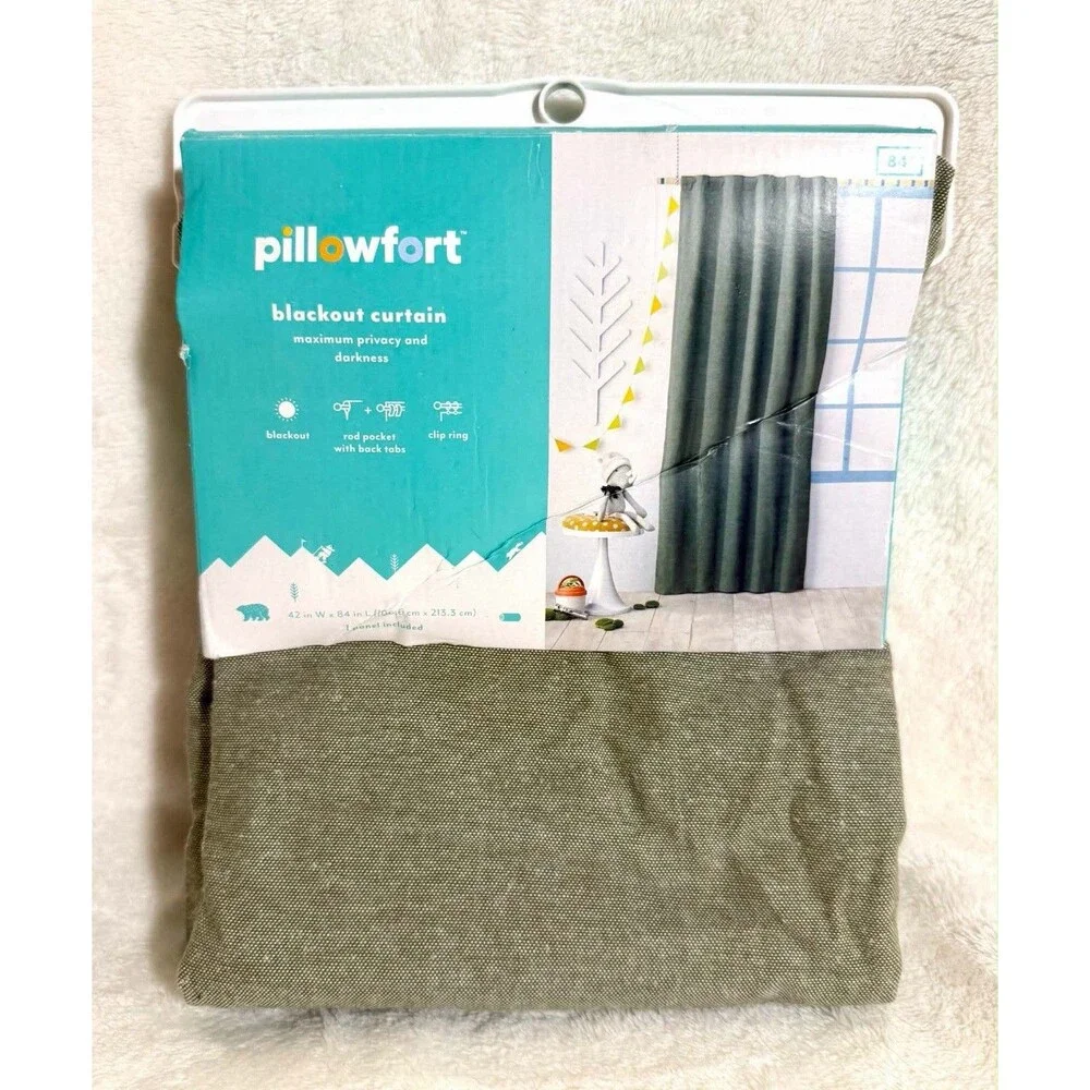 Pillowfort 84in Blackout Curtain Panel Green Chambray Cotton Kids New